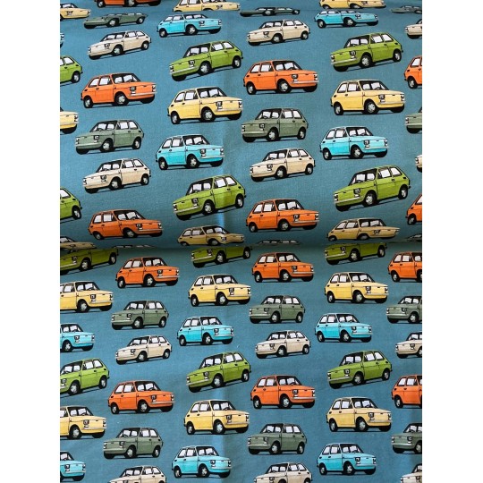 French Terry Sommersweat Retro Kleinwagen Oldtimer Petrol Bunt - 180 cm Überbreite – 240g/m²