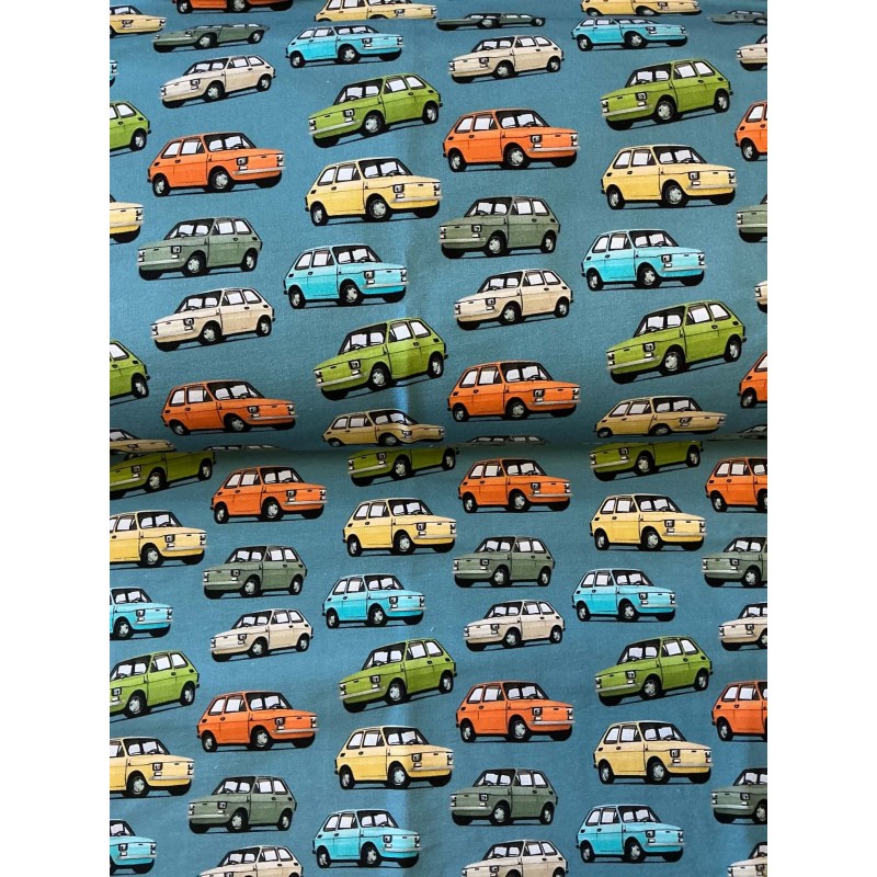 French Terry Sommersweat Retro Kleinwagen Oldtimer Petrol Bunt - 180 cm Überbreite – 240g/m²