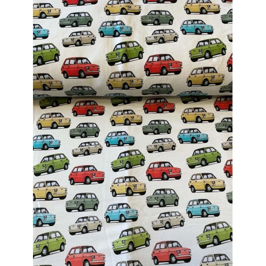 French Terry Sommersweat Autostoff Retro Kleinwagen Oldtimer Creme Bunt - 180 cm Überbreite – 240g/m²