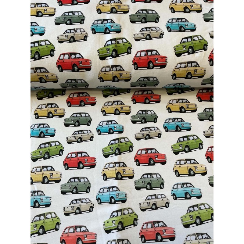 French Terry Sommersweat Autostoff Retro Kleinwagen Oldtimer Creme Bunt - 180 cm Überbreite – 240g/m²