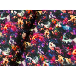 French Terry Sommersweat Hundestoff Hunderassen Blumen Regenbogen Neon Schwarz Bunt - 180 cm Überbreite – 240g/m²