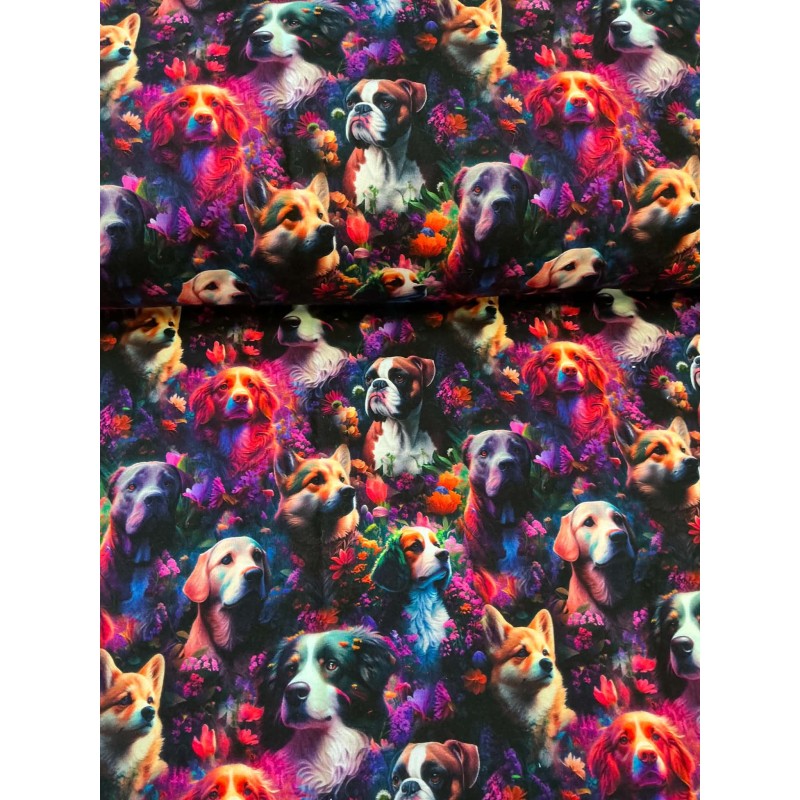 French Terry Sommersweat Hundestoff Hunderassen Blumen Regenbogen Neon Schwarz Bunt - 180 cm Überbreite – 240g/m²