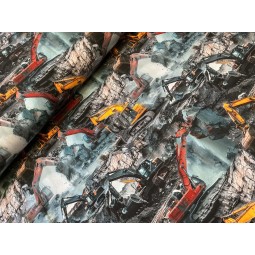 French Terry Sommersweat Baustellenstoff Bagger Raupenbagger Steinbruch Grau Orange - 180 cm Überbreite – 240g/m²