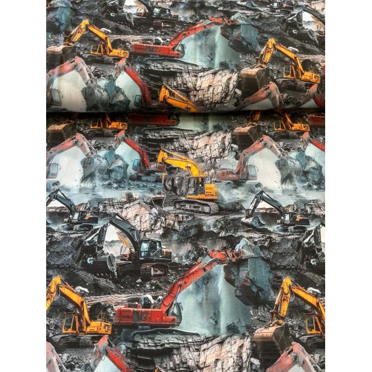 French Terry Sommersweat Baustellenstoff Bagger Raupenbagger Steinbruch Grau Orange - 180 cm Überbreite – 240g/m²