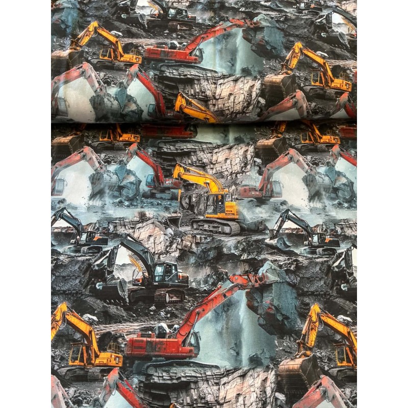 French Terry Sommersweat Baustellenstoff Bagger Raupenbagger Steinbruch Grau Orange - 180 cm Überbreite – 240g/m²