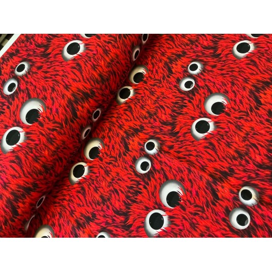 French Terry Sommersweat Monsterstoff Zottelmonster Augen Rot Schwarz - 180 cm Überbreite – 240g/m²