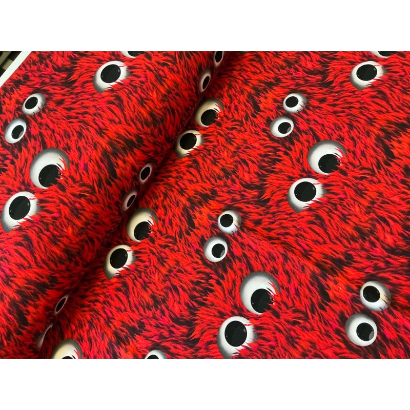 French Terry Sommersweat Monsterstoff Zottelmonster Augen Rot Schwarz - 180 cm Überbreite – 240g/m²