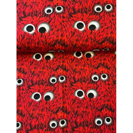 French Terry Sommersweat Monsterstoff Zottelmonster Augen Rot Schwarz - 180 cm Überbreite – 240g/m²