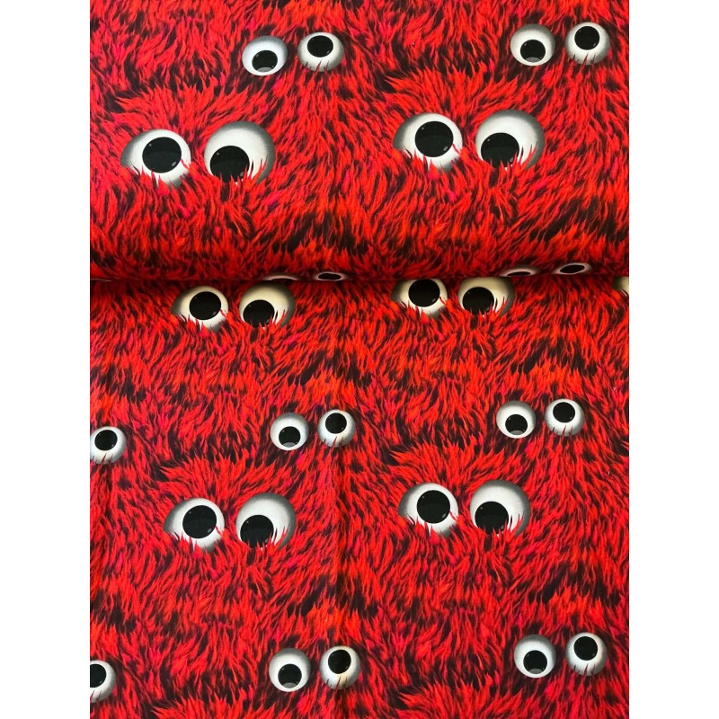 French Terry Sommersweat Monsterstoff Zottelmonster Augen Rot Schwarz - 180 cm Überbreite – 240g/m²