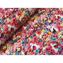 French Terry Sommersweat Fantasiestoff Mädchen Einhorn Blumen Rosa Türkis Bunt - 180 cm Überbreite – 240g/m²