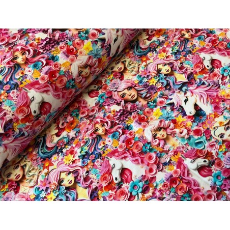 French Terry Sommersweat Fantasiestoff Mädchen Einhorn Blumen Rosa Türkis Bunt - 180 cm Überbreite – 240g/m²