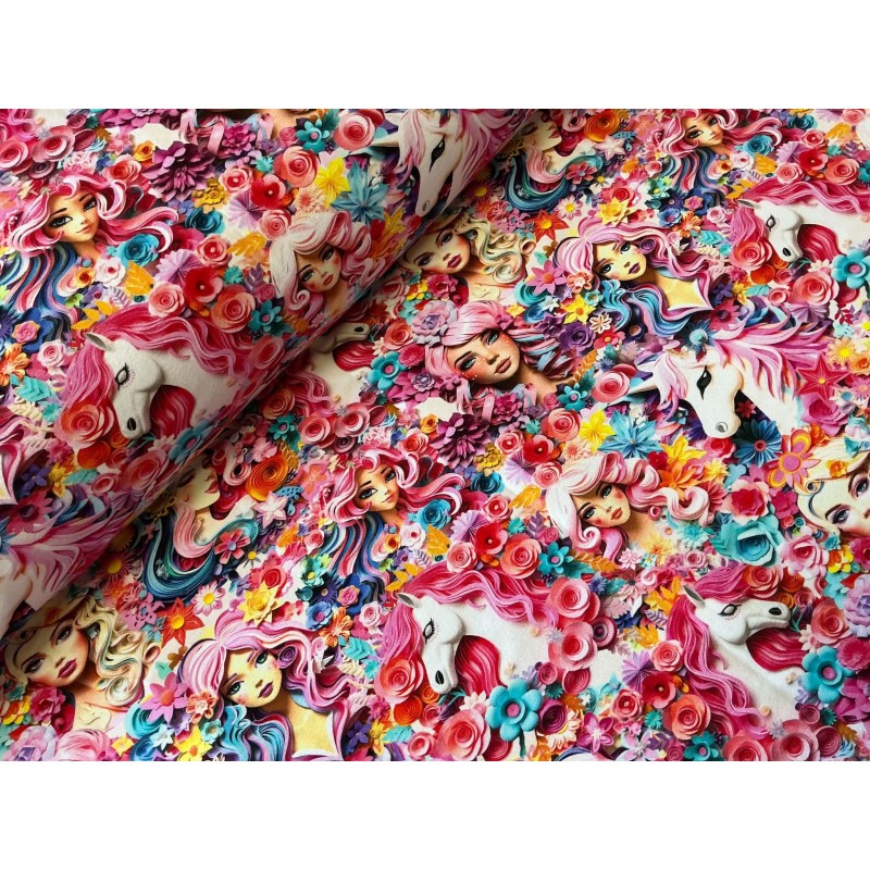 French Terry Sommersweat Fantasiestoff Mädchen Einhorn Blumen Rosa Türkis Bunt - 180 cm Überbreite – 240g/m²
