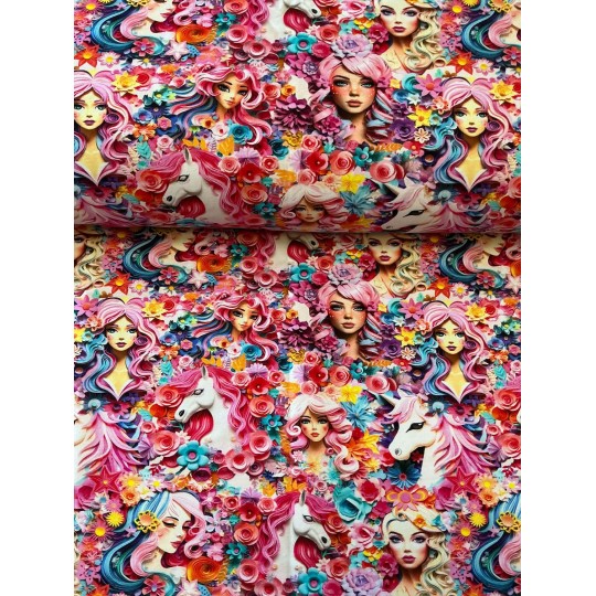 French Terry Sommersweat Fantasiestoff Mädchen Einhorn Blumen Rosa Türkis Bunt - 180 cm Überbreite – 240g/m²