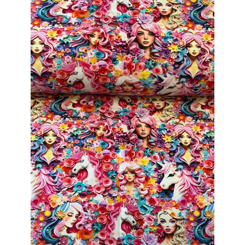 French Terry Sommersweat Fantasiestoff Mädchen Einhorn Blumen Rosa Türkis Bunt - 180 cm Überbreite – 240g/m²