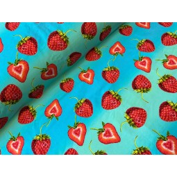 French Terry Sommersweat Erdbeerstoff Herz-Erdbeeren Früchte Türkis Rot- 180 cm Überbreite – 240g/m²