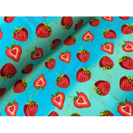 French Terry Sommersweat Erdbeerstoff Herz-Erdbeeren Früchte Türkis Rot- 180 cm Überbreite – 240g/m²