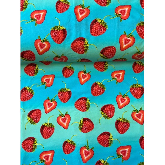 French Terry Sommersweat Erdbeerstoff Herz-Erdbeeren Früchte Türkis Rot- 180 cm Überbreite – 240g/m²