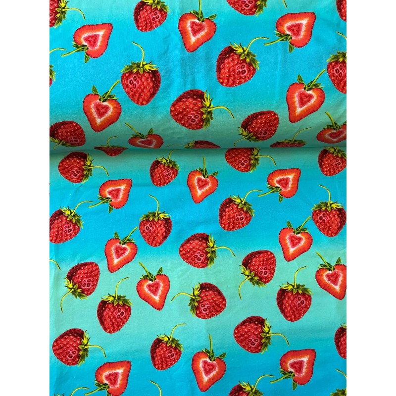 French Terry Sommersweat Erdbeerstoff Herz-Erdbeeren Früchte Türkis Rot- 180 cm Überbreite – 240g/m²