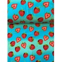 French Terry Sommersweat Erdbeerstoff Herz-Erdbeeren Früchte Türkis Rot- 180 cm Überbreite – 240g/m²