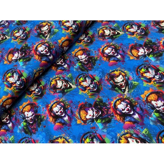 French Terry Sommersweat Clownstoff Horror Clowns Kopfhörer Graffiti Blau Bunt - 180 cm Überbreite – 240g/m²