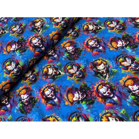 French Terry Sommersweat Clownstoff Horror Clowns Kopfhörer Graffiti Blau Bunt - 180 cm Überbreite – 240g/m²