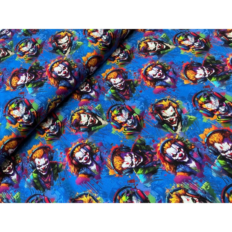 French Terry Sommersweat Clownstoff Horror Clowns Kopfhörer Graffiti Blau Bunt - 180 cm Überbreite – 240g/m²