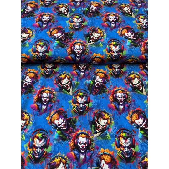 French Terry Sommersweat Clownstoff Horror Clowns Kopfhörer Graffiti Blau Bunt - 180 cm Überbreite – 240g/m²