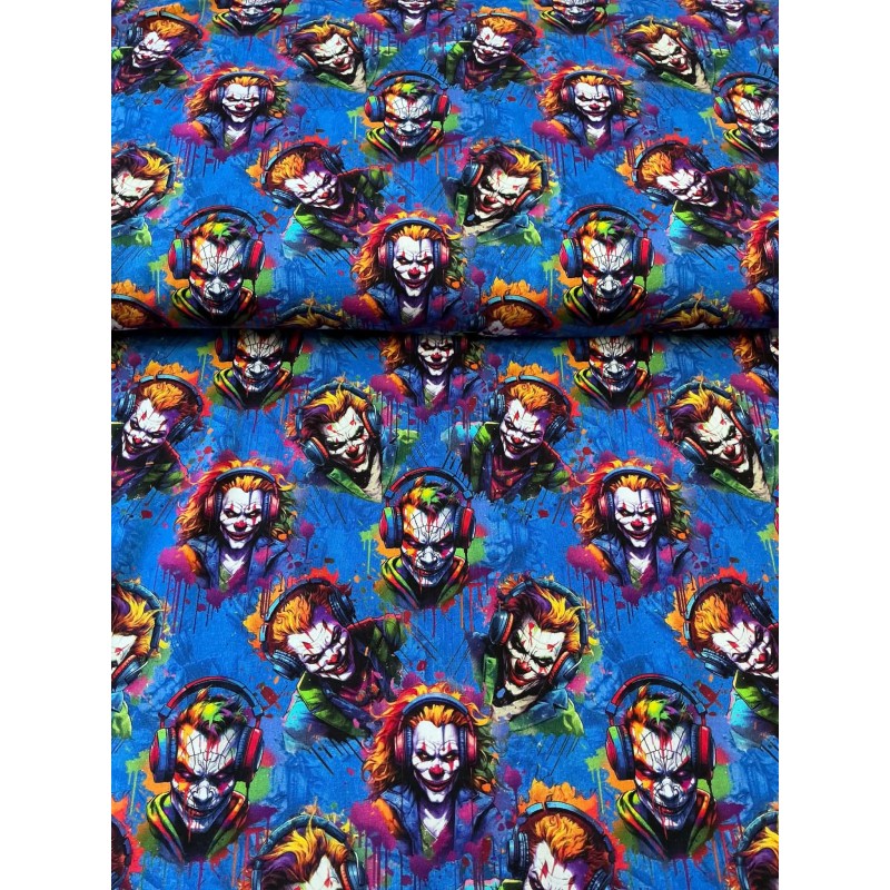 French Terry Sommersweat Clownstoff Horror Clowns Kopfhörer Graffiti Blau Bunt - 180 cm Überbreite – 240g/m²