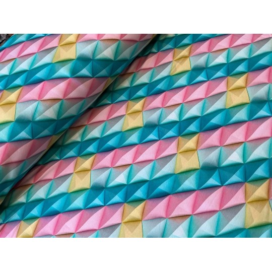 French Terry Sommersweat Geometrischer Stoff 3D Muster Türkis Rosa Gelb - 180 cm Überbreite – 240g/m²
