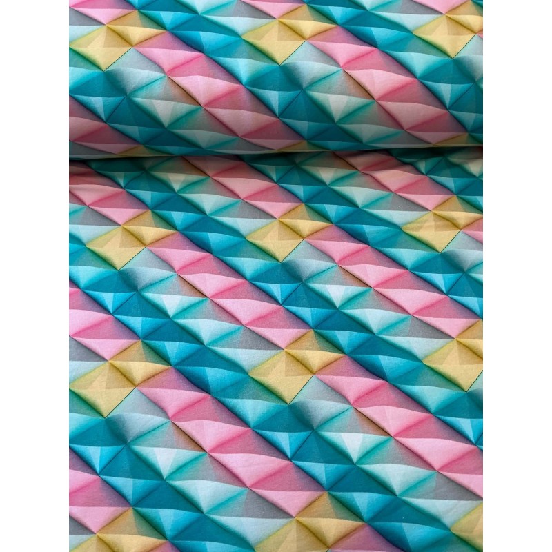 French Terry Sommersweat Geometrischer Stoff 3D Muster Türkis Rosa Gelb - 180 cm Überbreite – 240g/m²