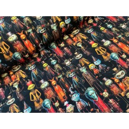 French Terry Sommersweat Fantasy Stoff Gruselfiguren Monster Schwarz Bunt- 180 cm Überbreite – 240g/m²