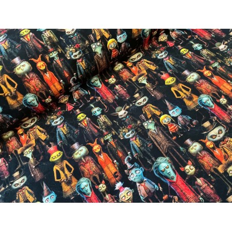 French Terry Sommersweat Fantasy Stoff Gruselfiguren Monster Schwarz Bunt- 180 cm Überbreite – 240g/m²