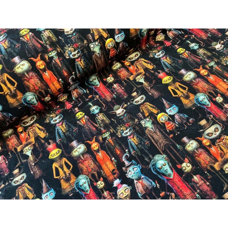 French Terry Sommersweat Fantasy Stoff Gruselfiguren Monster Schwarz Bunt- 180 cm Überbreite – 240g/m²