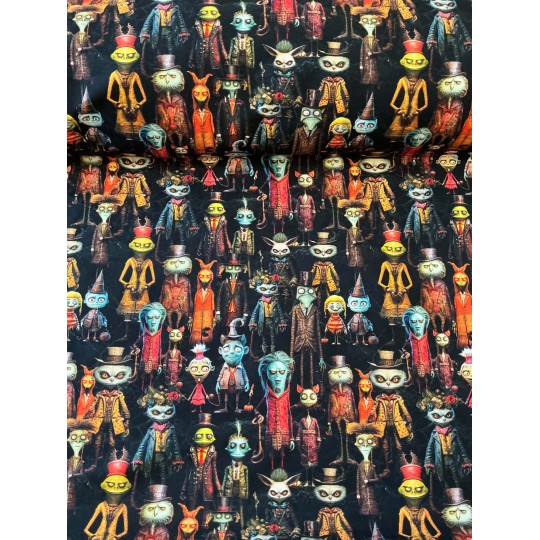 French Terry Sommersweat Fantasy Stoff Gruselfiguren Monster Schwarz Bunt- 180 cm Überbreite – 240g/m²