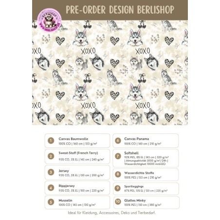 Pre - Order Husky Hunde XOXO mit Herzen Beige/Grau - Stoffdesign von Berlishop - 10 Stoffe zu Auswahl – Meterware