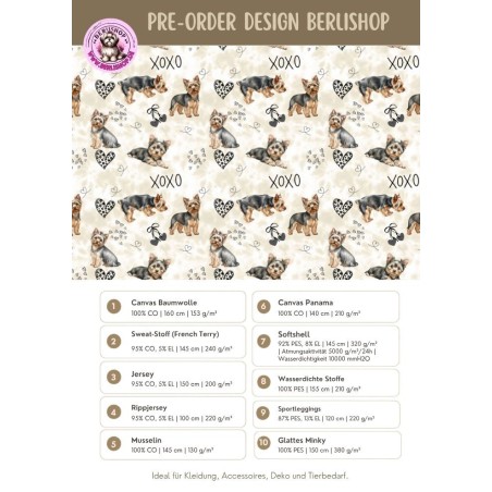 Pre - Order Yorkshire Terrier  Hunde XOXO mit Herzen Beige/Braun - Stoffdesign von Berlishop - 10 Stoffe zu Auswahl – Meterware