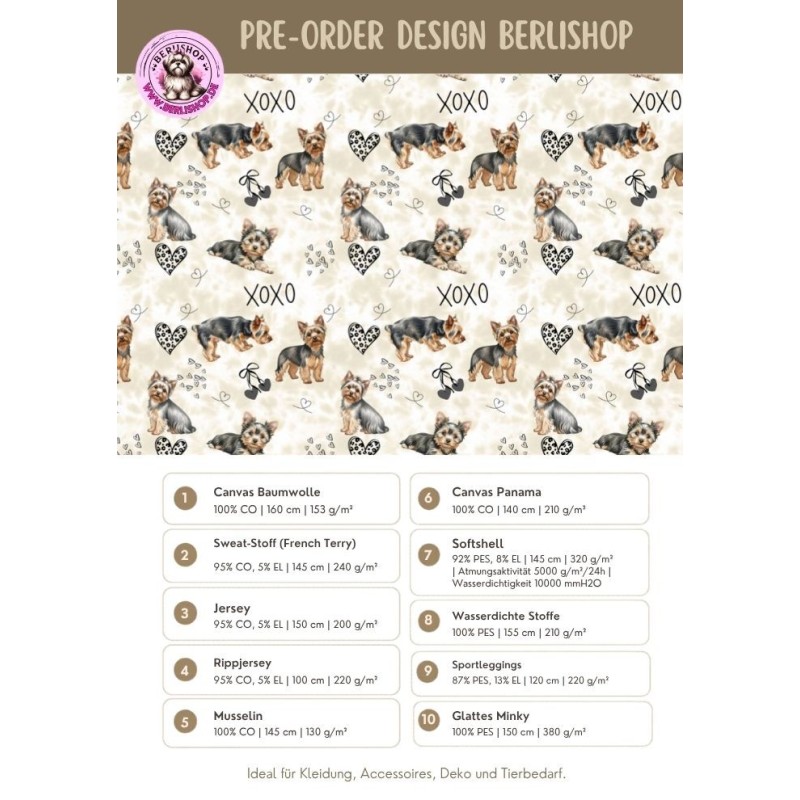 Pre - Order Yorkshire Terrier  Hunde XOXO mit Herzen Beige/Braun - Stoffdesign von Berlishop - 10 Stoffe zu Auswahl – Meterware