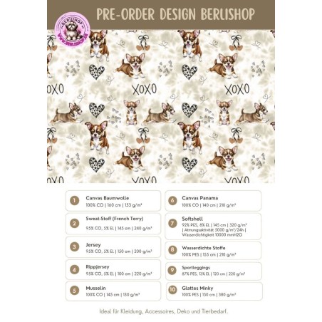 Pre - Order Chihuahua Hunde XOXO mit Herzen Beige/Braun - Stoffdesign von Berlishop - 10 Stoffe zu Auswahl – Meterware