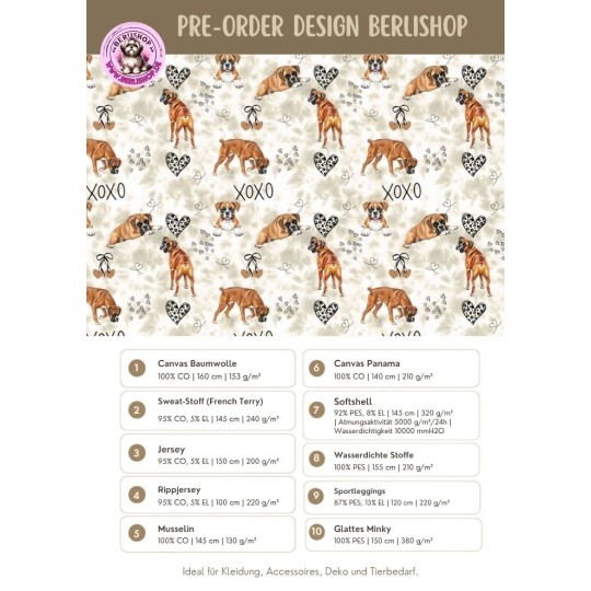 Pre - Order Boxer Hunde XOXO mit Herzen Beige/Braun - Stoffdesign von Berlishop - 10 Stoffe zu Auswahl – Meterware