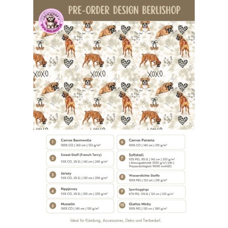 Pre - Order Boxer Hunde XOXO mit Herzen Beige/Braun - Stoffdesign von Berlishop - 10 Stoffe zu Auswahl – Meterware
