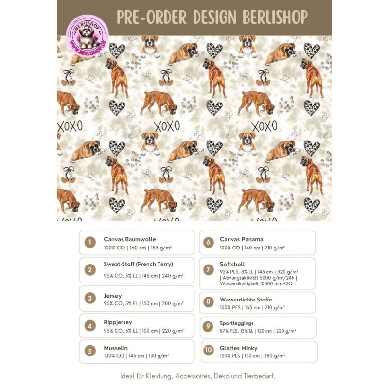 Pre - Order Boxer Hunde XOXO mit Herzen Beige/Braun - Stoffdesign von Berlishop - 10 Stoffe zu Auswahl – Meterware