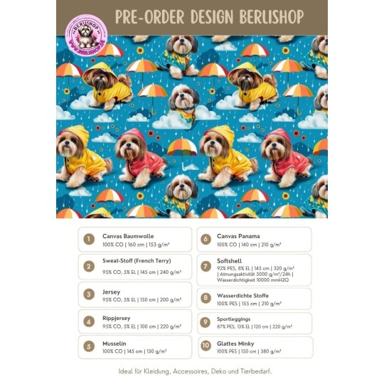 Pre-Order Shih Tzu Hunde mit Regenschirm Petrol Stoff – Stoffdesign von Berlishop - 10 Stoffe zu Auswahl – Kinderstoff Meterware