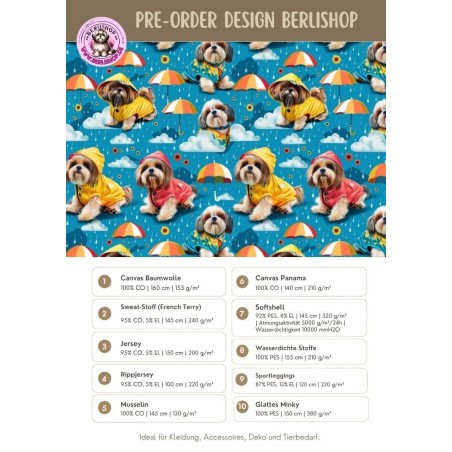 Pre-Order Shih Tzu Hunde mit Regenschirm Petrol Stoff – Stoffdesign von Berlishop - 10 Stoffe zu Auswahl – Kinderstoff Meterware