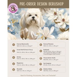 Pre-Order Malteser Hunde Magnolien Blau Gold – Stoffdesign von Berlishop - 10 Stoffe zu Auswahl – Meterware