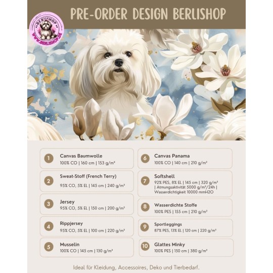 Pre-Order Malteser Hunde Magnolien Blau Gold – Stoffdesign von Berlishop - 10 Stoffe zu Auswahl – Meterware