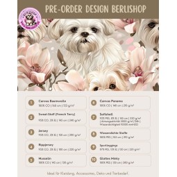 Pre-Order Malteser Hunde Magnolien Beige Rosa – Stoffdesign von Berlishop - 10 Stoffe zu Auswahl – Meterware