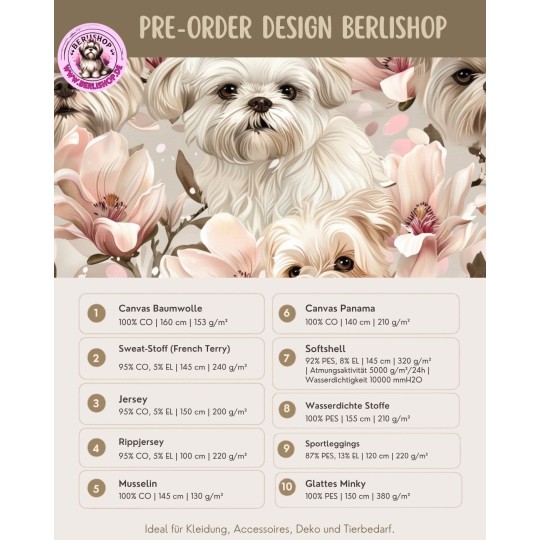 Pre-Order Malteser Hunde Magnolien Beige Rosa – Stoffdesign von Berlishop - 10 Stoffe zu Auswahl – Meterware