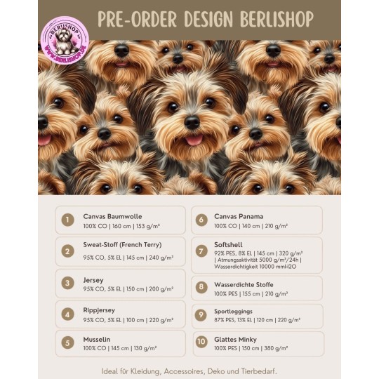 Pre - Order Yorkshire Terrier Hunde Stoff Beige/Braun - Stoffdesign von Berlishop - 10 Stoffe zu Auswahl – Meterware