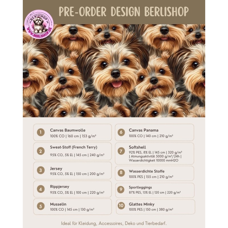Pre - Order Yorkshire Terrier Hunde Stoff Beige/Braun - Stoffdesign von Berlishop - 10 Stoffe zu Auswahl – Meterware