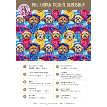 Pre-Order Shih Tzu Hunde Stoff  Regenjacke Bunt – Stoffdesign von Berlishop – 10 Stoffe zur Auswahl – Meterware